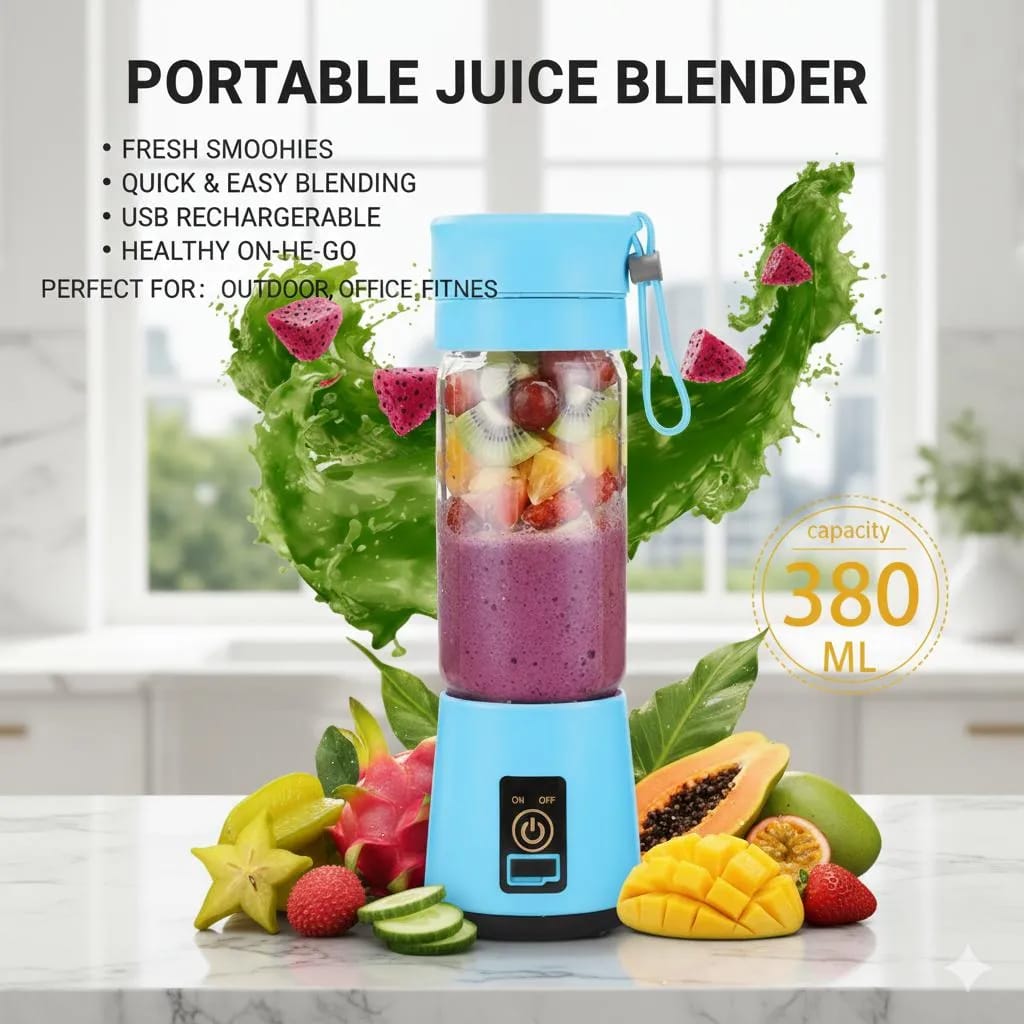 Portable Electric Juicer Blender – 6 Blades USB Rechargeable Mini Fruit Mixer & Smoothie Maker Bottle