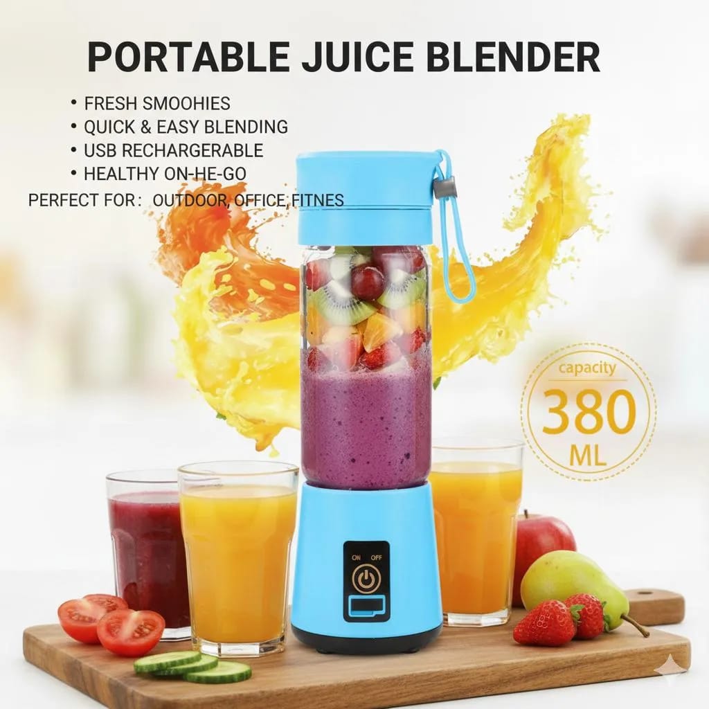 Portable Electric Juicer Blender – 6 Blades USB Rechargeable Mini Fruit Mixer & Smoothie Maker Bottle